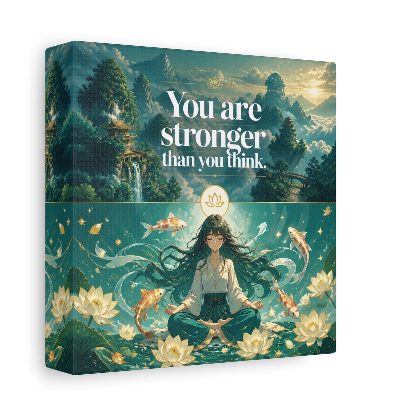 "You Are Stronger Than You Think." Inspirational Canvas Wall Art - Meditating Girl, Koi Fish, Lotus Lake - Zen Fantasy Landscape - Bedroom Wall Decor, Meditation Space, Jellyfish Room Decor