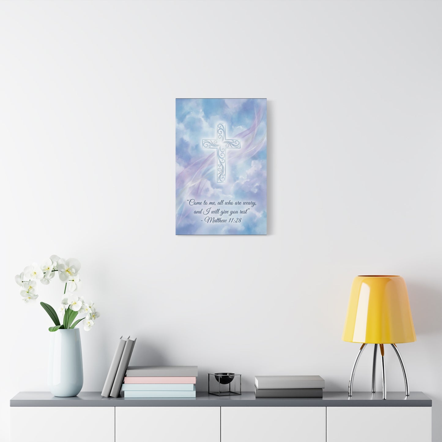 "Come To Me, All Who Are Weary, And I Will Give You Rest" Cross Canvas Wall Art - Matthew 11:28 Scripture Decor, Traditional Christian Wall Hanging, Serene Bedroom Living Room Accent - Ready to Hang