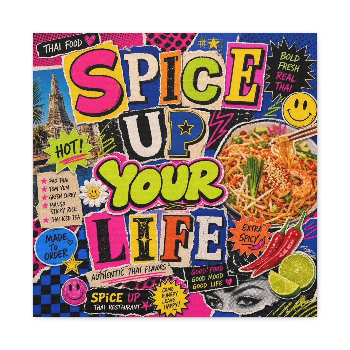 "Spice Up Your Life" Canvas Wall Art - Thai Food Pop Art Collage, Typography Print, Neon Color Street Poster Style, Cafe Decor, Dining Room Accent, Kitchen Wall Hanging, Contemporary - Ready to Hang