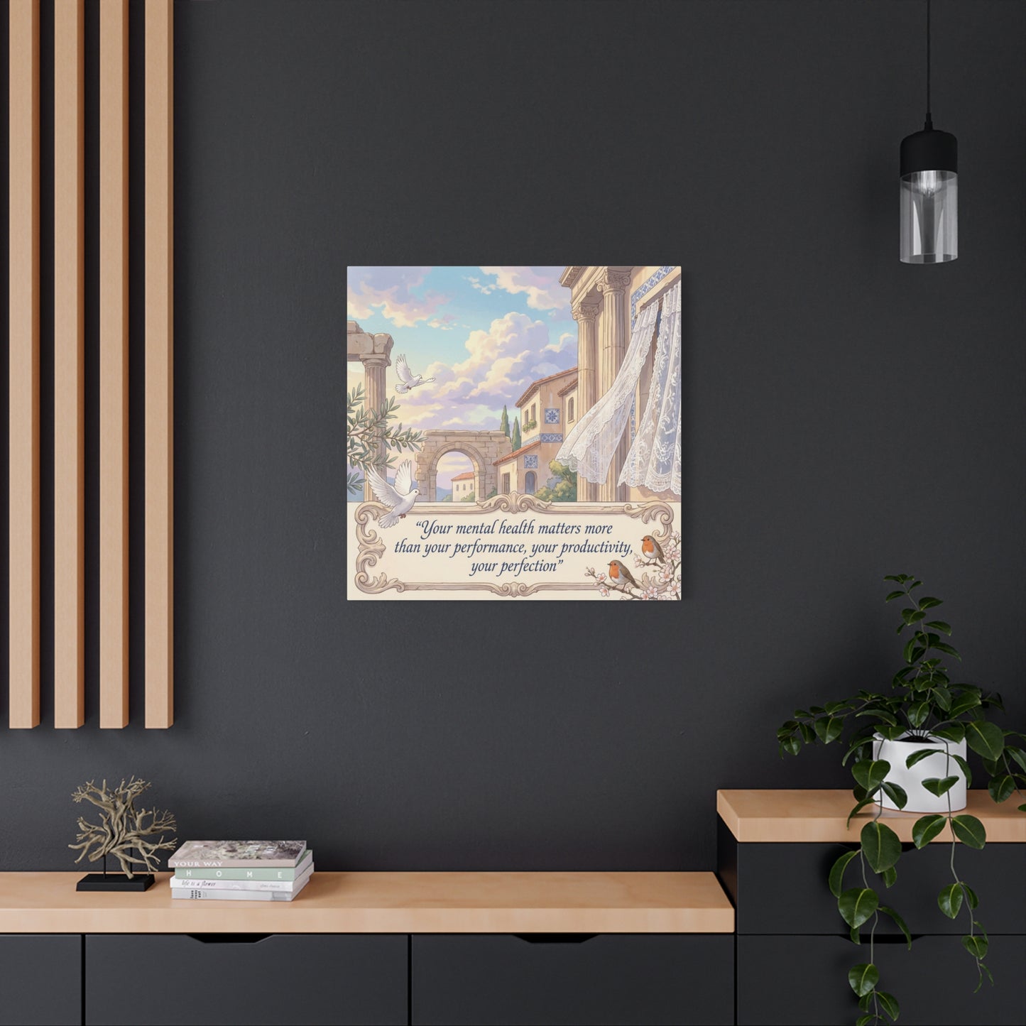 "Your Mental Health Matters More Than Your Performance, Productivity, Perfection" Canvas Wall Art - Dove Courtyard Quote Print - Pastel Mediterranean Decor - Bedroom Office Wall Hanging