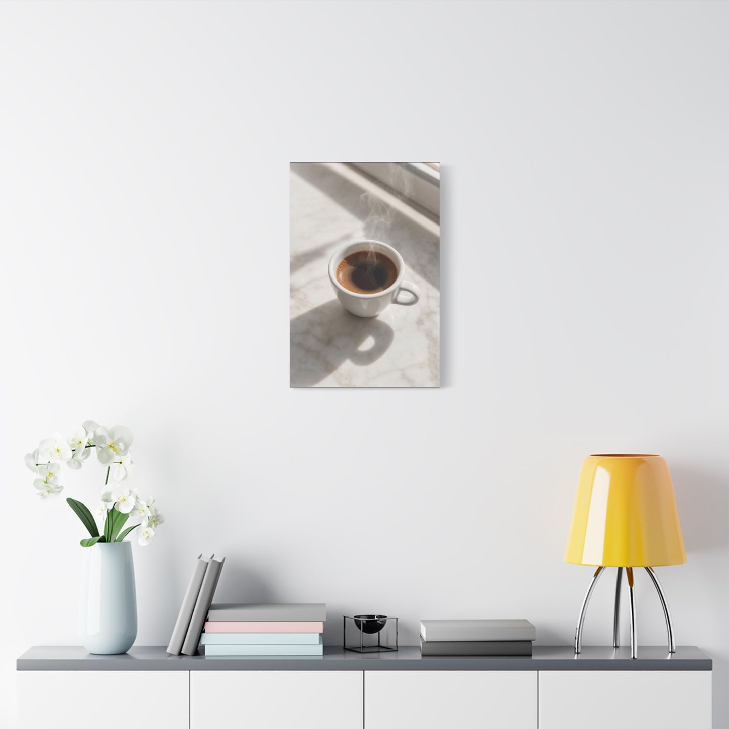 Steaming Espresso Coffee Cup Canvas Wall Art - Minimalist Sunlit Art Print, Matte Cotton Print - Contemporary Kitchen Decor, Dining Room Accent, Cafe Wall Decor, Office Art - Bedroom Home Decoration
