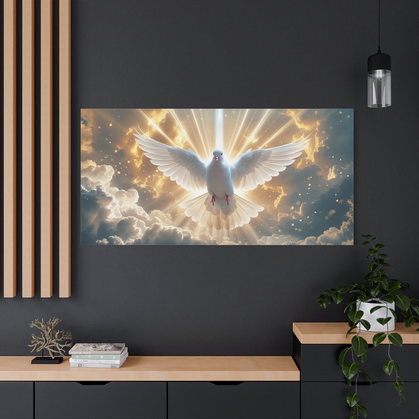 White Dove Canvas Wall Art - Holy Spirit Bird In Glowing Clouds, Radiant Sky Canvas Print - Golden Light Religious Decor - Living Room Home Decoration, Meditation Space Accent - Living Room Wall Decor