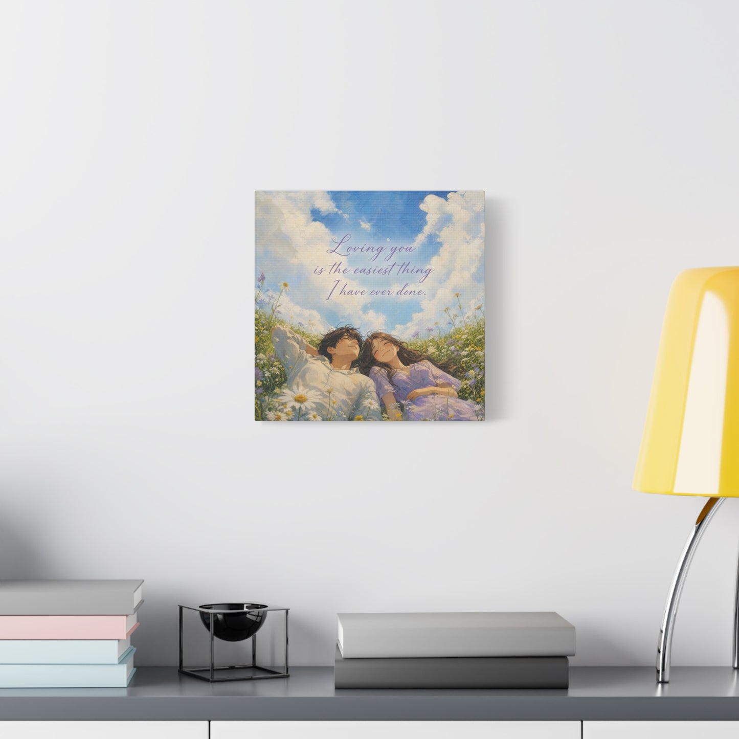 "Loving You Is The Easiest Thing I Have Ever Done." Canvas Wall Art - Romantic Couple In Wildflower Meadow Sky Quote Print - Dreamy Pastel Illustration - Ready to Hang - Living Room Wall Decor