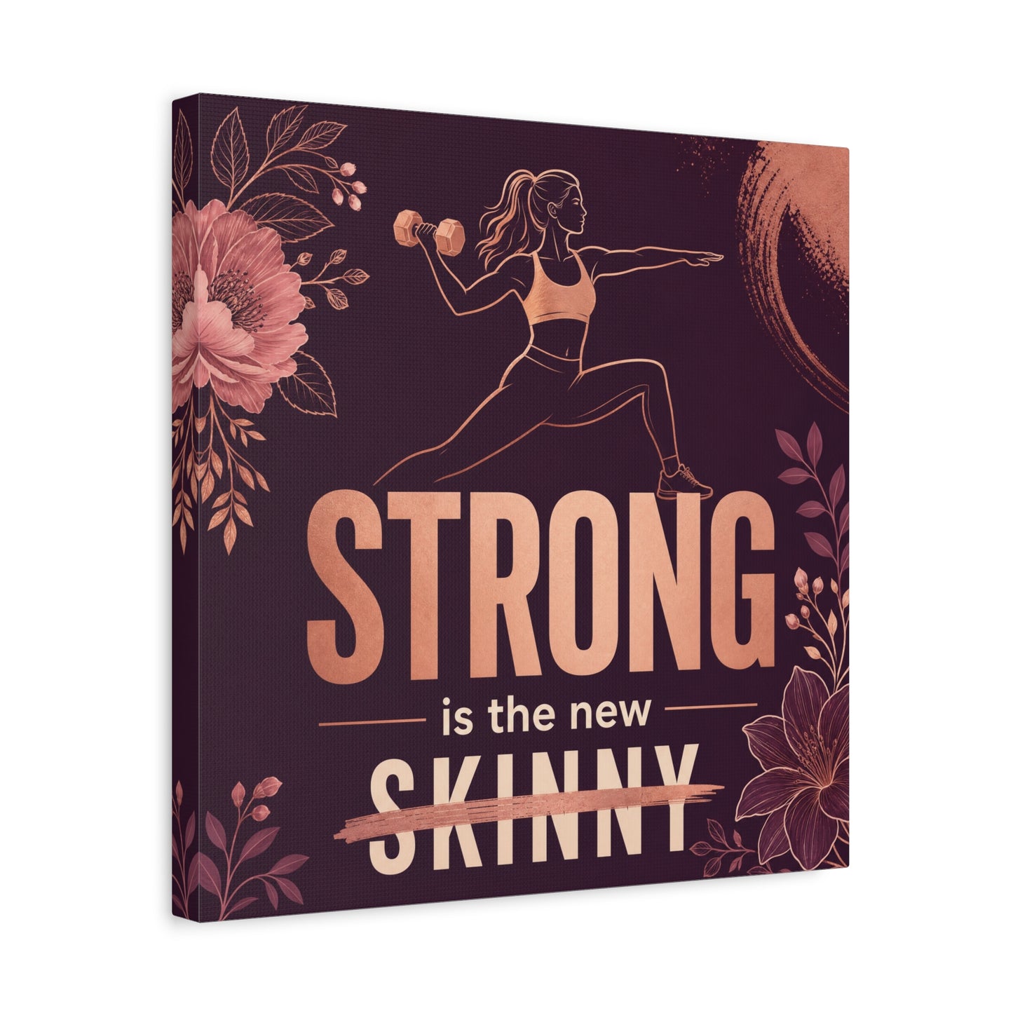 "Strong Is The New Skinny" Fitness Canvas Wall Art - Woman With Dumbbell Floral Quote Print - Rose Gold Motivational Decor - Modern Bedroom Wall Decor - Bedroom Home Decoration - Cozy Reading Nook Art
