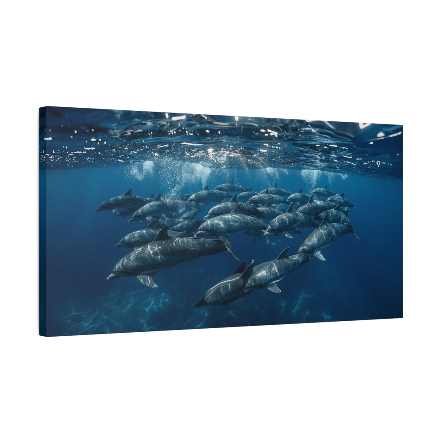 Dolphin Pod Canvas Wall Art - Underwater Ocean Art Print, Blue Marine Wildlife Decor - Matte Coastal Style - Living Room Wall Decor, Bedroom Home Decoration - Bedroom Home Decoration