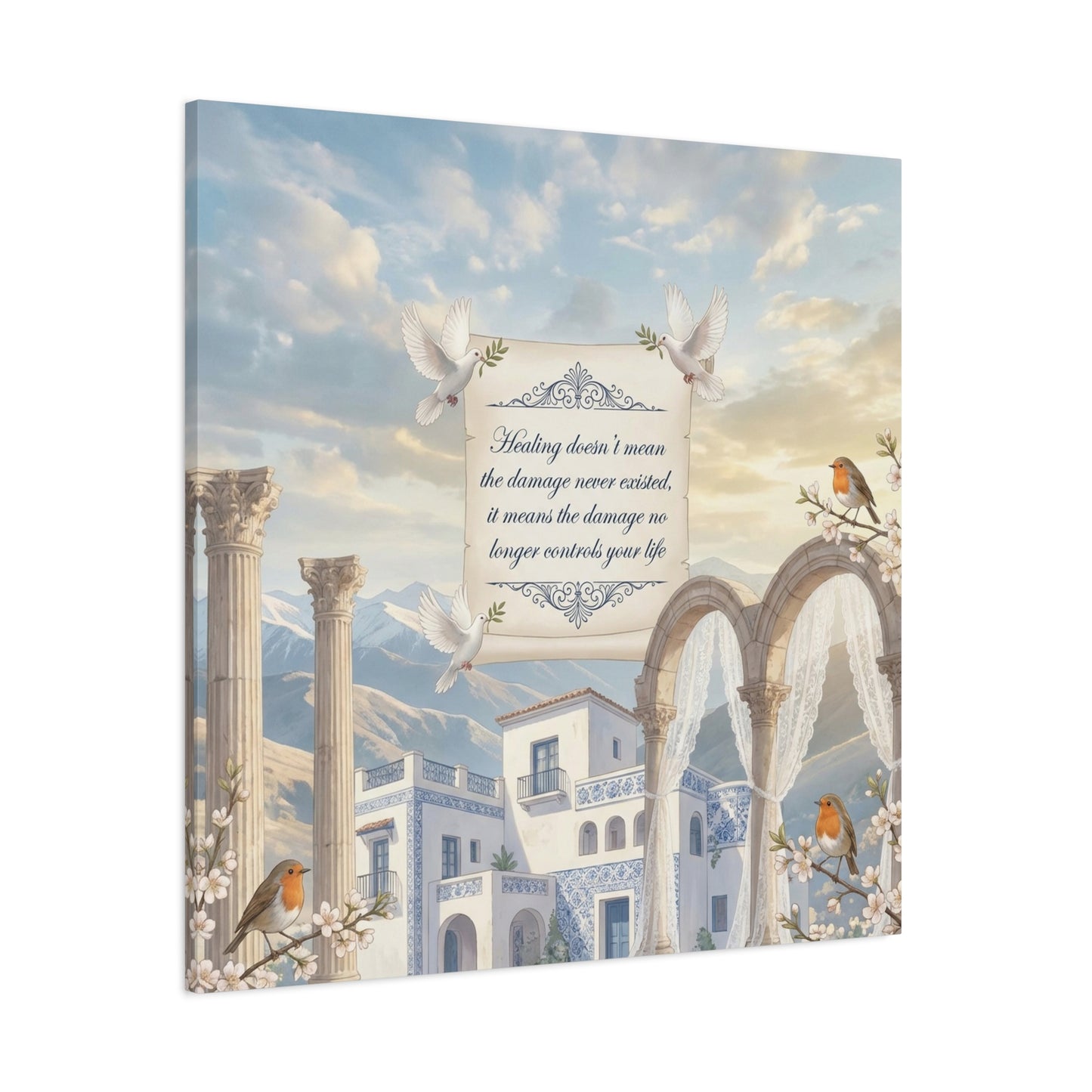 "The Damage No Longer Controls Your Life" Inspirational Canvas Wall Art - Doves, Robins, Classical Arches, Mountain Villa Quote Print - Matte Finish Canvas - Bedroom Home Decoration, Meditation Space