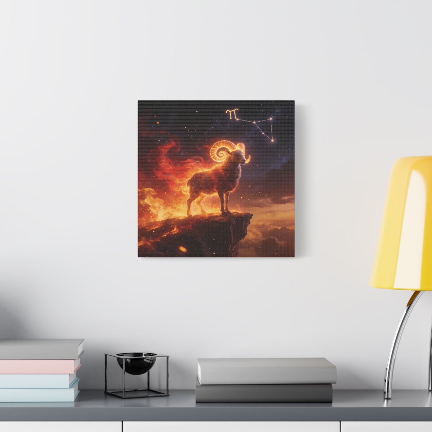 Aries Ram Canvas Wall Art - Fiery Zodiac Constellation Celestial Animal Print - Glowing Horns, Cosmic Night Sky - Contemporary Fantasy Style - Bedroom Home Decoration Office Wall Art - Ready to Hang