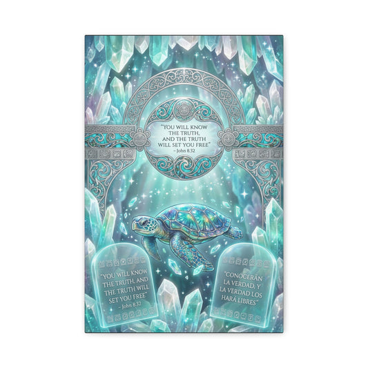 "You Will Know The Truth, And The Truth Will Set You Free" Sea Turtle Canvas Wall Art - John 8:32 Scripture Decor, Crystal Ocean Fantasy Style, Bedroom Wall Hanging, Meditation Space - Ready to Hang