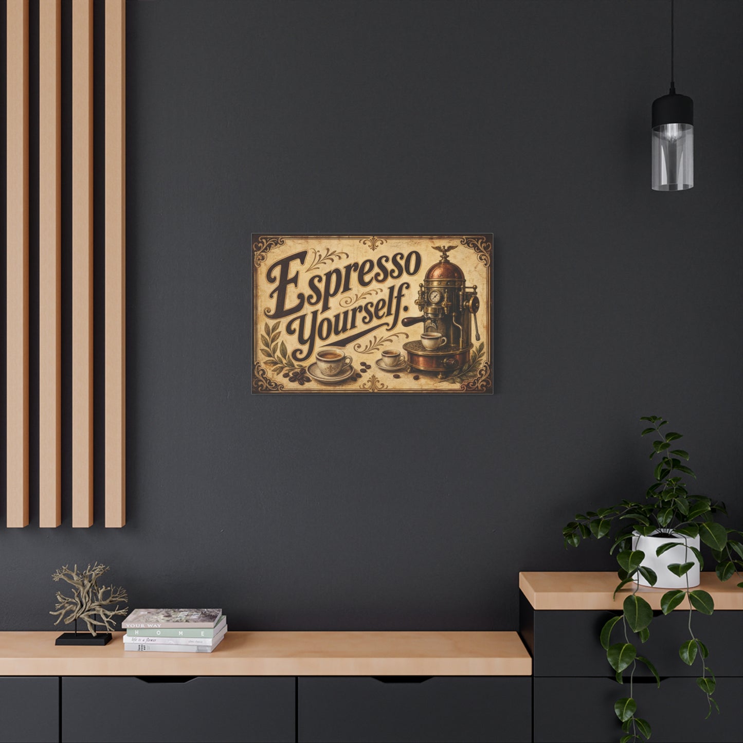 "Espresso Yourself" Coffee Canvas Wall Art - Vintage Espresso Machine Decor - Rustic Cafe Style Matte Print - Ready to Hang - Ready to Hang - Coffee Shop Decor - Cafe Wall Art - Gallery Wrapped Canvas