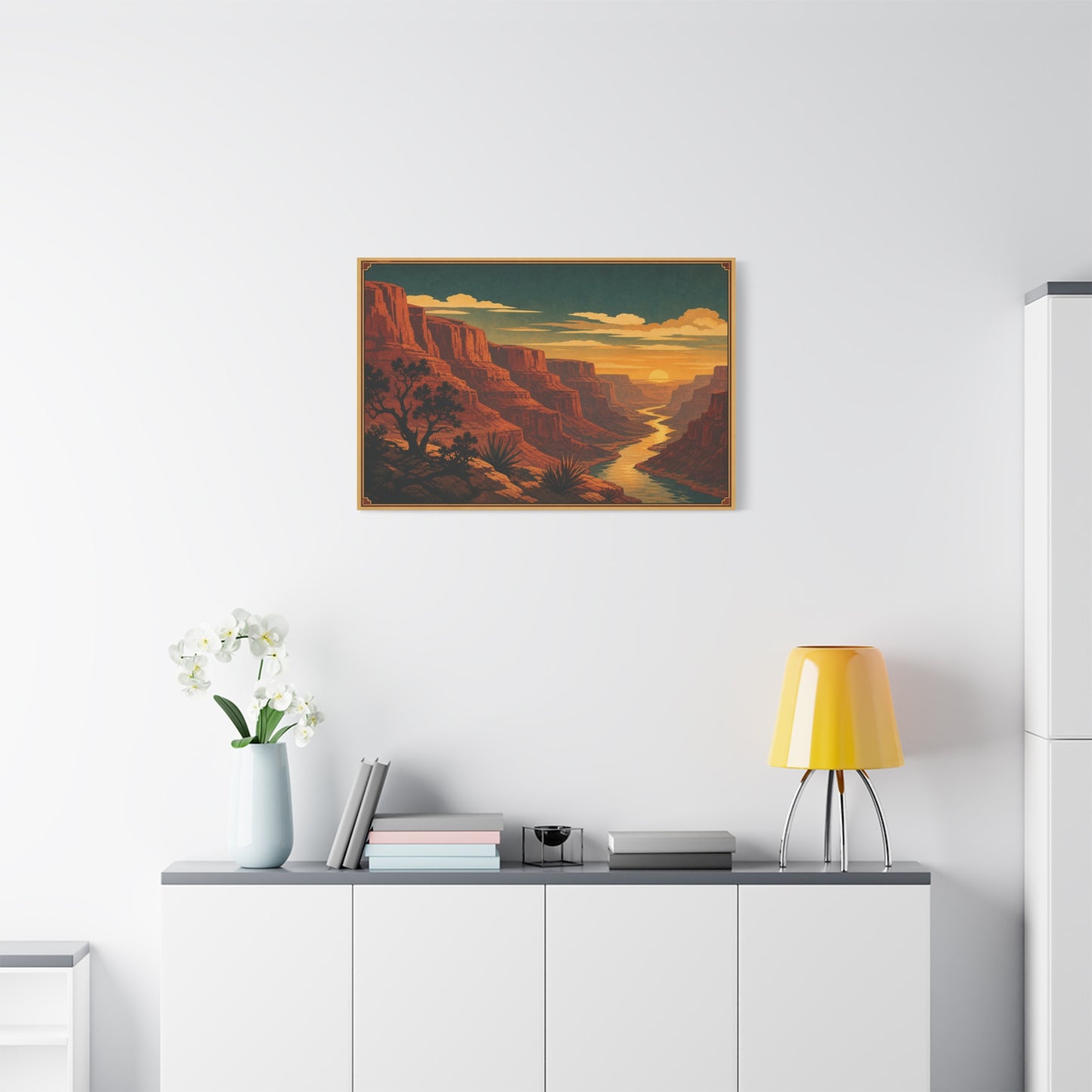 Desert Canyon Sunset Canvas Wall Art - Southwestern River Landscape Print, Vintage Travel Style - Golden Sky, Rustic Home Decor, Living Room Decoration - Ready to Hang - Living Room Wall Decor