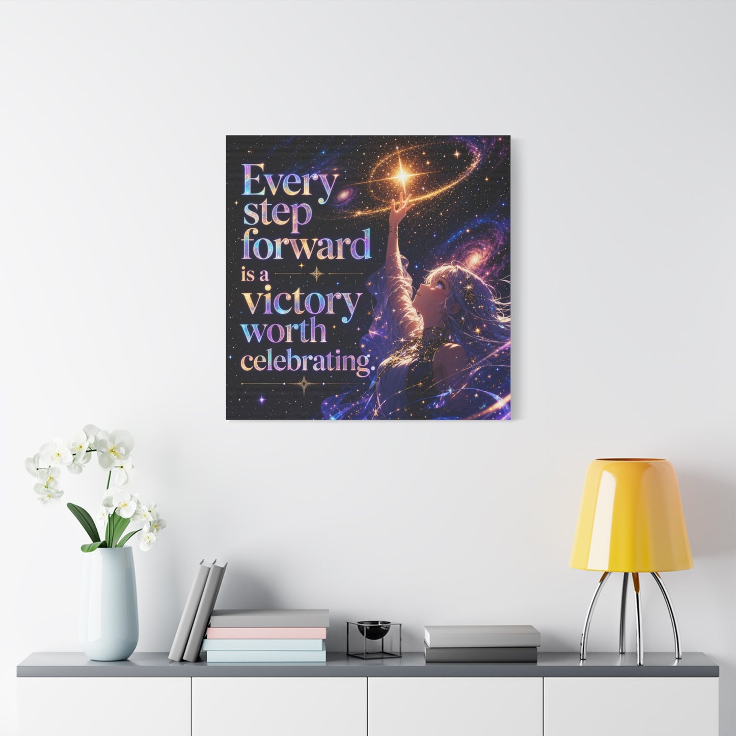 "Every Step Forward Is A Victory Worth Celebrating" Inspirational Canvas Wall Art - Cosmic Anime Girl Galaxy Quote Print - Celestial Purple Blue Decor - Bedroom Home Decoration - Office Wall Art