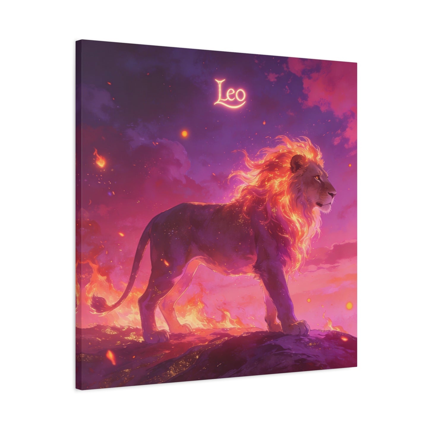 "Leo" Lion Canvas Wall Art - Fiery Zodiac Illustration, Purple Pink Sky, Matte Finish Canvas Print - Modern Astrology Decor, Bedroom Home Decoration, Office Wall Art Accent - Bedroom Home Decoration