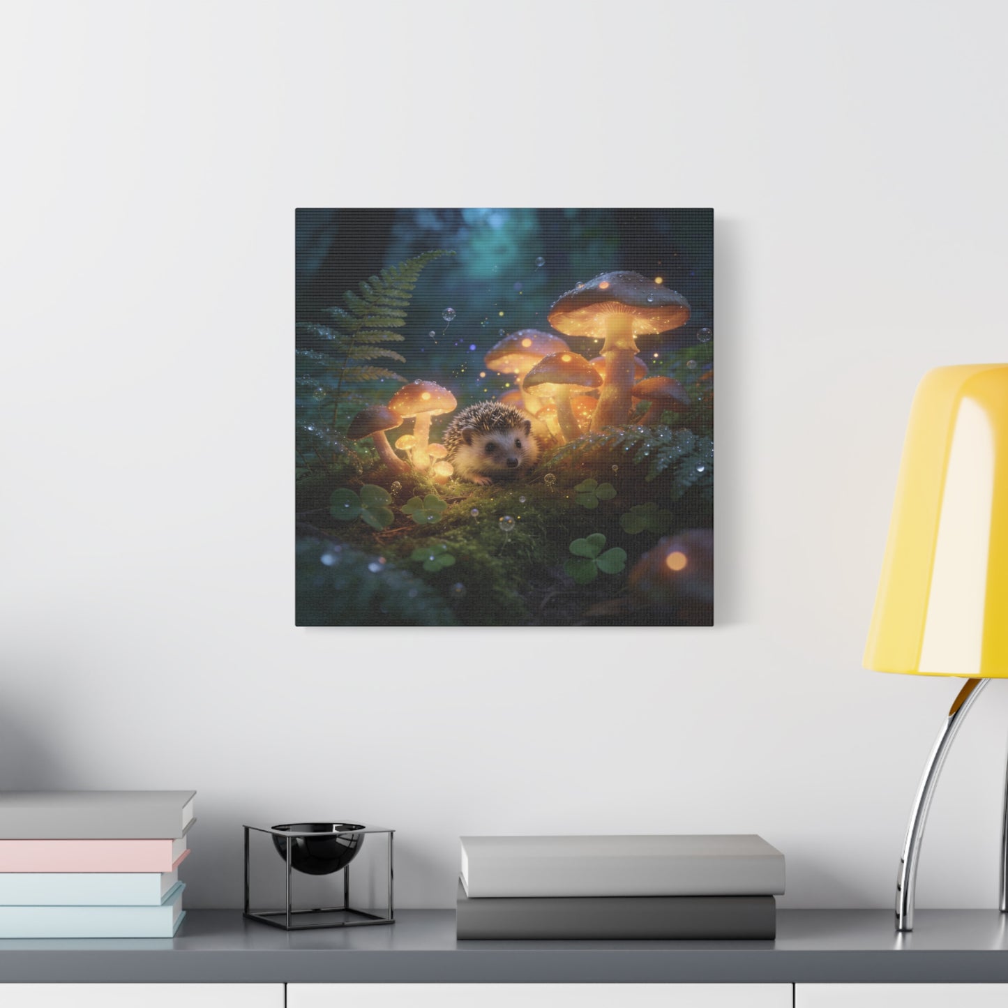 Hedgehog Mushroom Canvas Wall Art - Glowing Forest Fantasy Animal Print - Matte Cotton Art Print, Whimsical Woodland Style - Bedroom Wall Decor, Nursery Home Decoration Accent - Modern Farmhouse Style