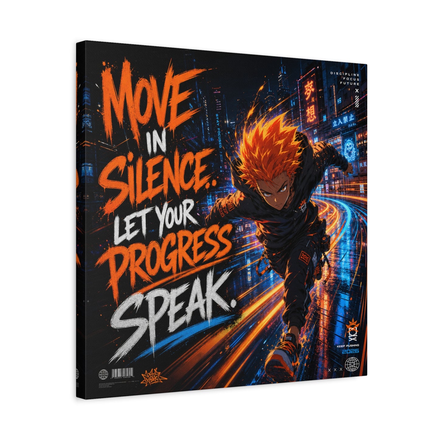 "Move In Silence Let Your Progress Speak" Anime Canvas Wall Art - Cyberpunk Runner Motivational Quote Print, Neon City Street Illustration - Teen Bedroom Decor, Home Office Accent - Office Wall Art