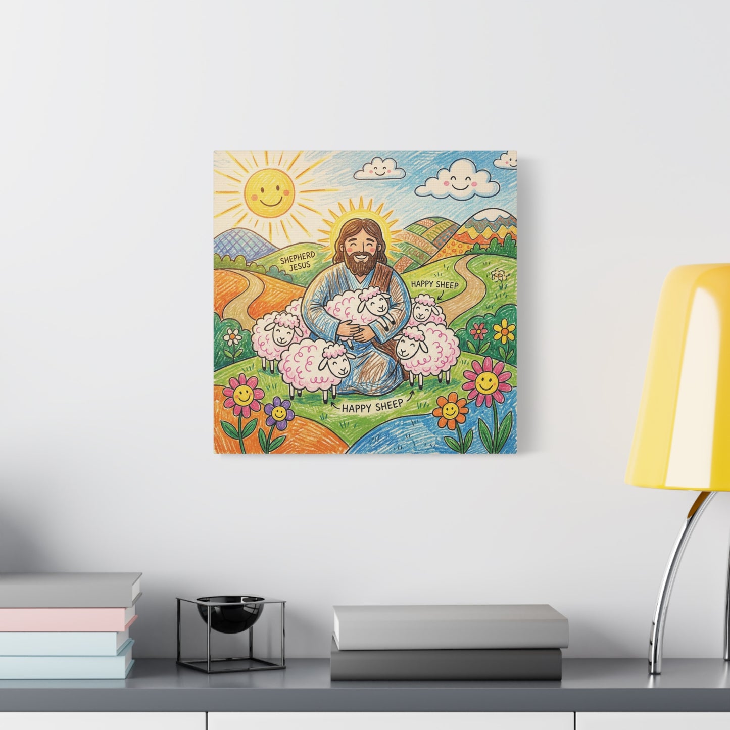 "Shepherd Jesus" "Happy Sheep" Jesus Canvas Wall Art - Christian Kids Nursery Decor, Colorful Religious Print - Matte Cotton Canvas - Playroom Bedroom Classroom Decoration - Living Room Wall Decor