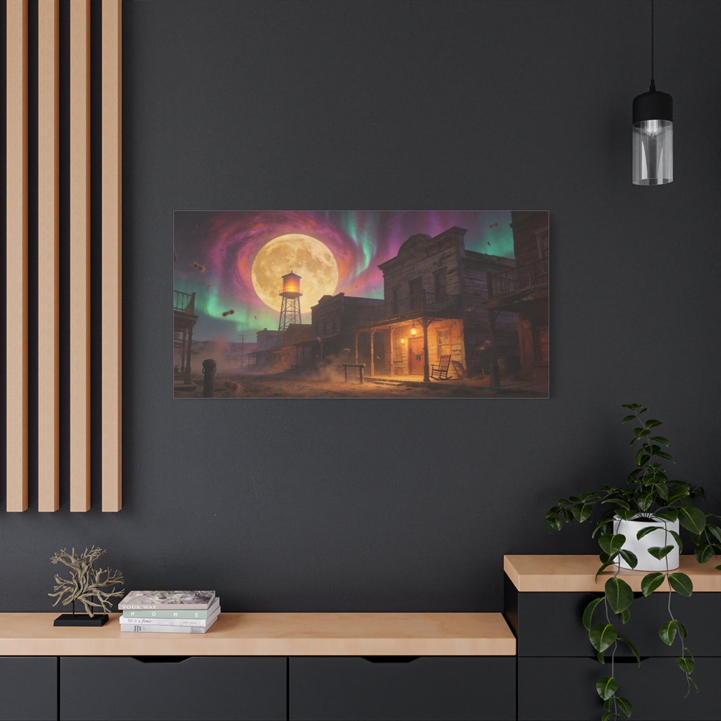 Moonlit Western Town Canvas Wall Art - Surreal Desert Street, Water Tower, Aurora Sky - Matte Cotton Art Print - Vintage Frontier Style, Living Room Wall Decor Office Accent - Bedroom Home Decoration