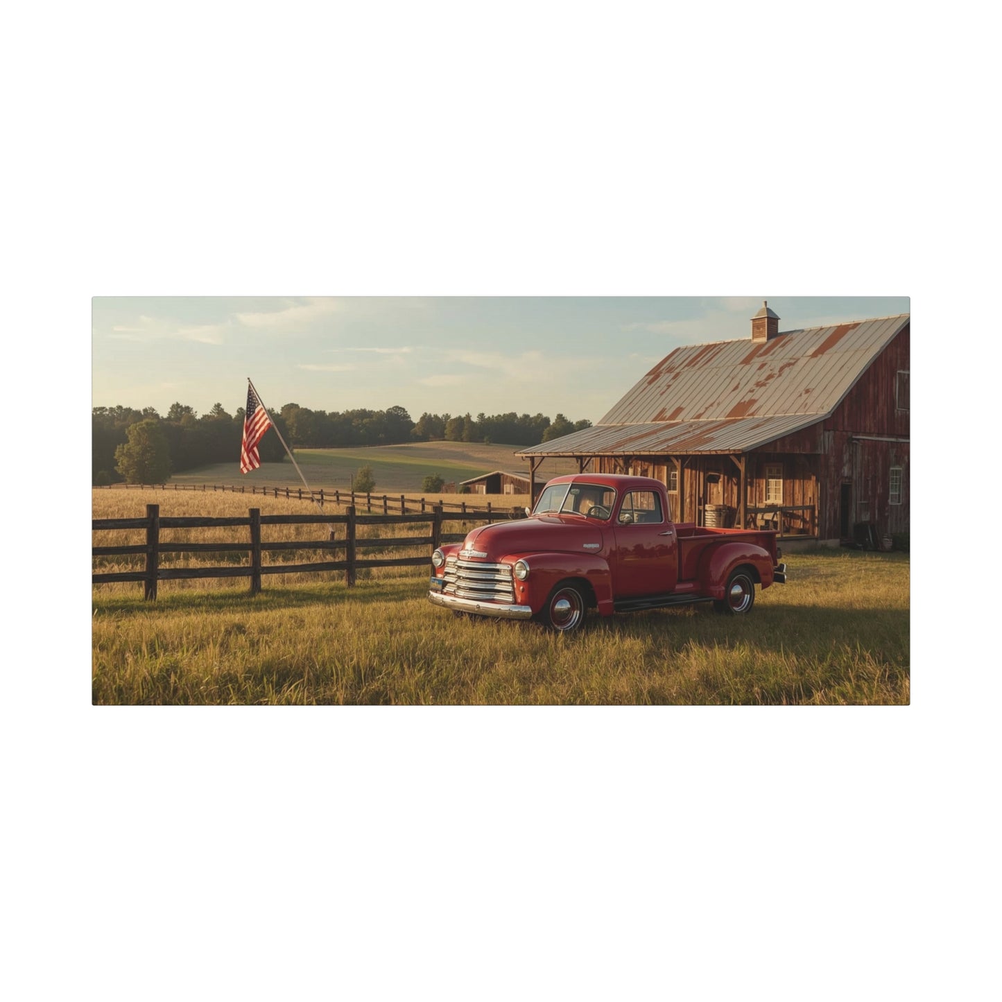 Red Vintage Pickup Truck Canvas Wall Art - Rustic Barn, American Flag Farm Landscape - Country Art Print, Traditional Style - Living Room Wall Decor, Office Art Accent - Modern Farmhouse Style