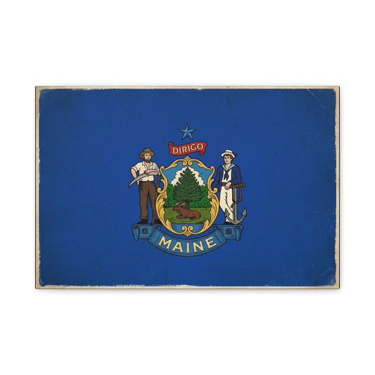 Maine State Flag Canvas Wall Art - Dirigo Vintage Blue Flag Print, Rustic Patriotic Decor - Distressed Illustration Style - Living Room Wall Decor, Office Art Accent - Bedroom Home Decoration