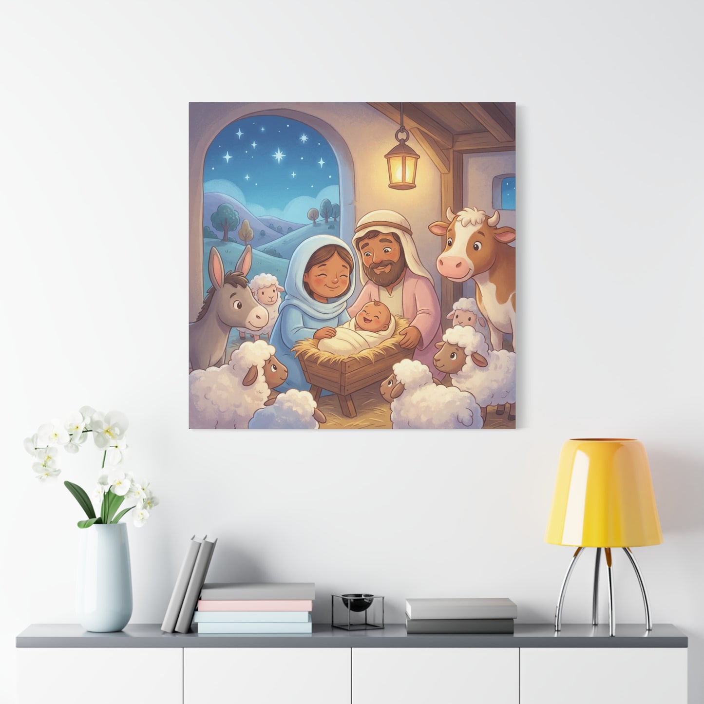 Holy Family Nativity Canvas Wall Art - Baby Jesus, Mary And Joseph Nursery Decor - Starry Stable Christian Home Decoration - Matte Canvas Print For Bedroom, Living Room - Ready to Hang - Ready to Hang