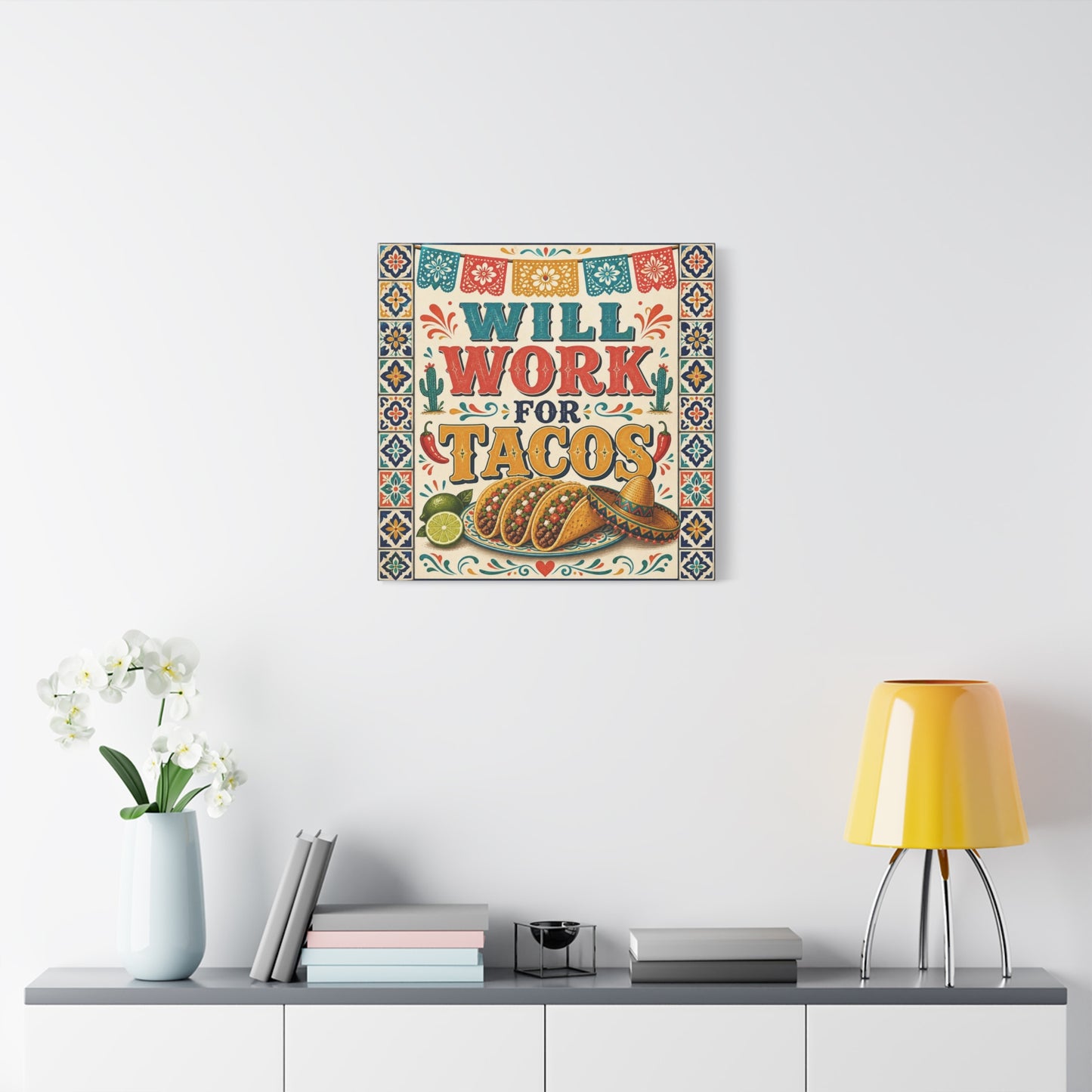 "Will Work For Tacos" Canvas Wall Art - Talavera Tile Typography, Papel Picado, Cactus And Taco Illustration - Fiesta Style Cotton Print - Kitchen Decor, Dining Room Accent, Cafe Interior