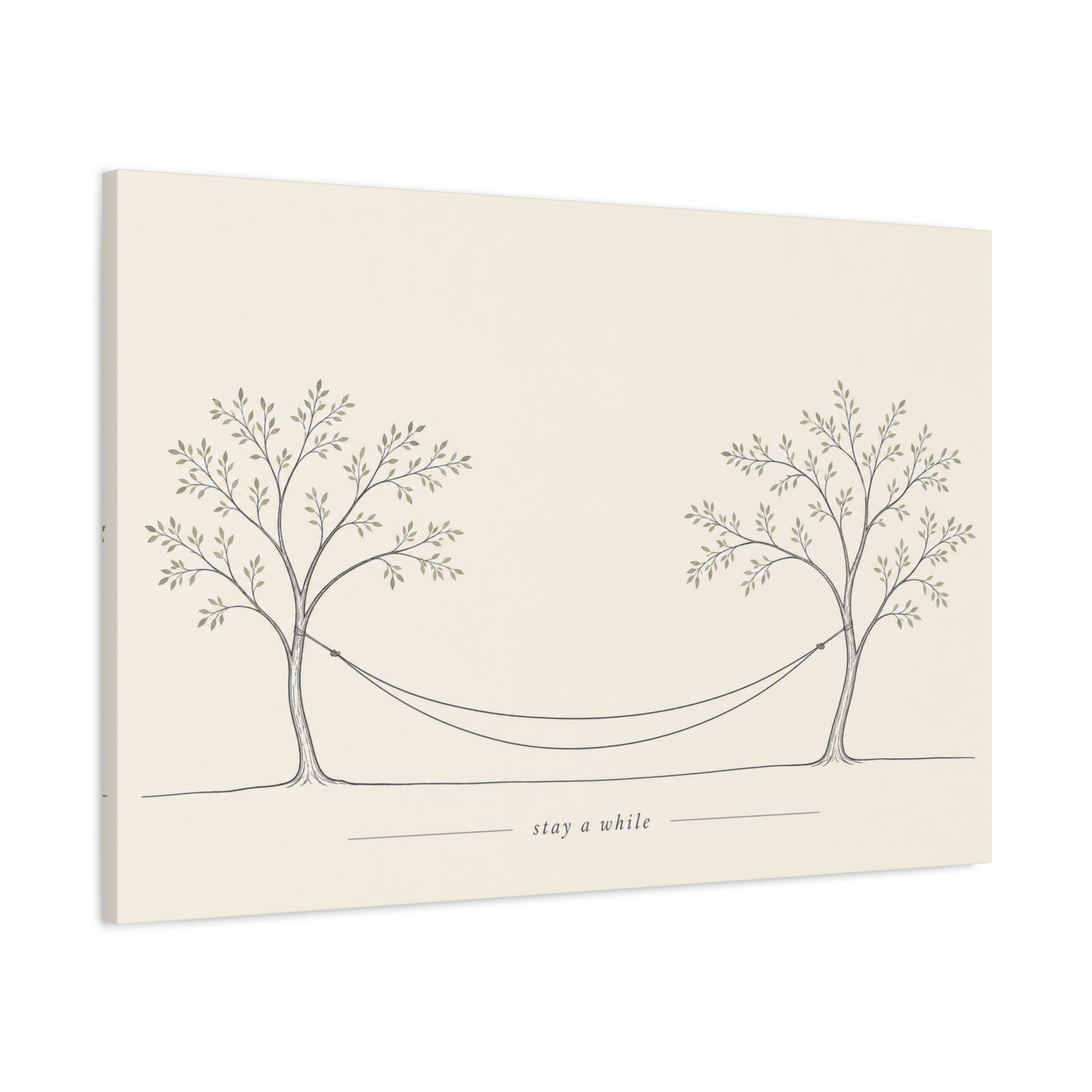 "Stay A While" Hammock Between Trees Canvas Wall Art - Minimalist Botanical Line Drawing, Neutral Beige Cotton Canvas Print - Bedroom Wall Decor, Living Room Home Decoration - Bedroom Home Decoration