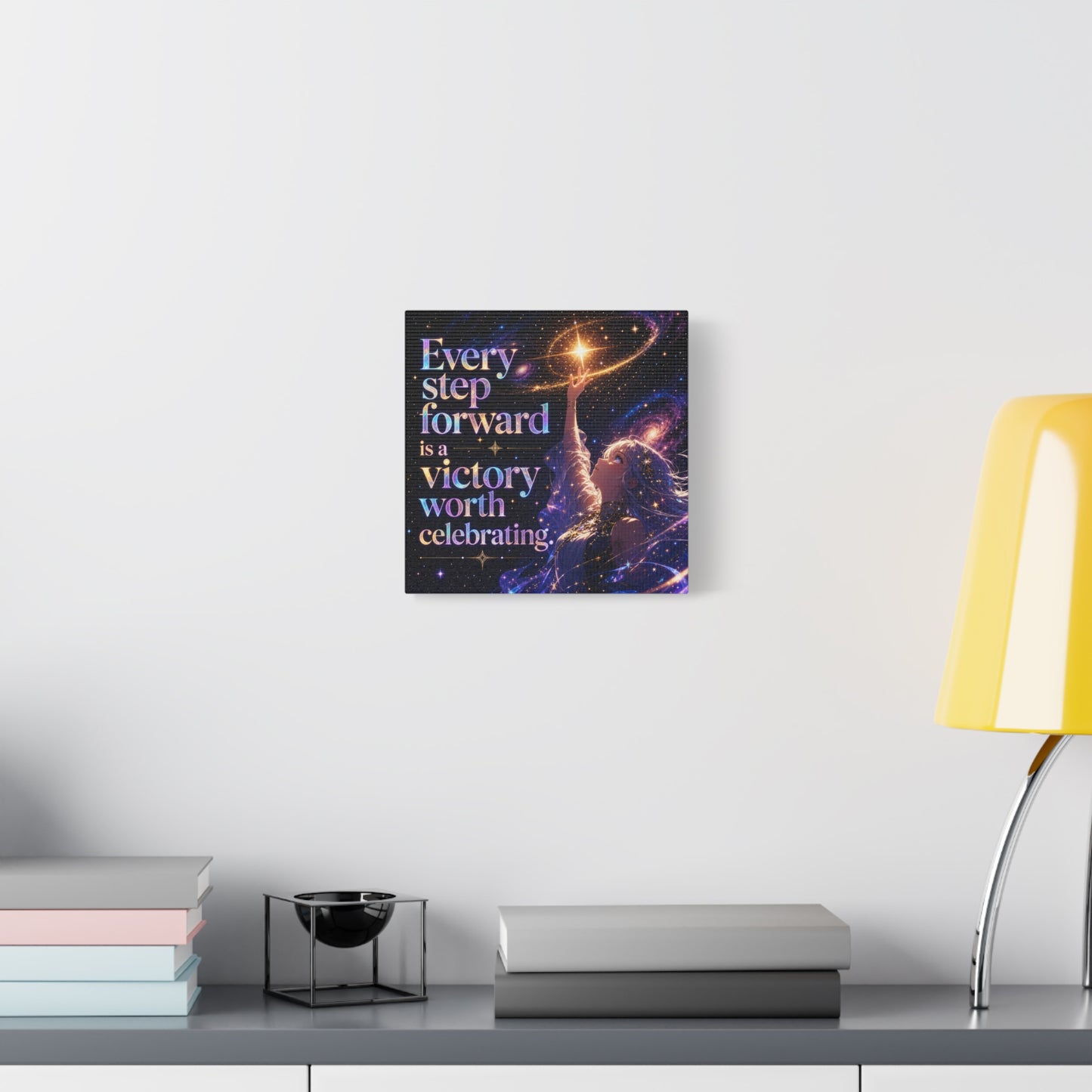 "Every Step Forward Is A Victory Worth Celebrating" Inspirational Canvas Wall Art - Cosmic Anime Girl Galaxy Quote Print - Celestial Purple Blue Decor - Bedroom Home Decoration - Office Wall Art