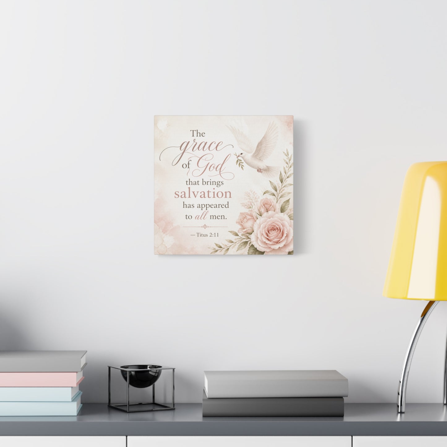 "The Grace Of God That Brings Salvation Has Appeared To All Men" Canvas Wall Art - Dove, Roses, Titus 2:11 Scripture Print - Blush Floral Christian Decor - Bedroom Living Room Accent - Office Wall Art