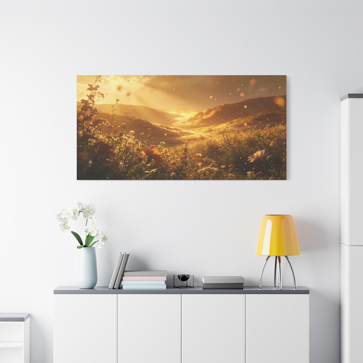 Golden Wildflower Valley Canvas Wall Art - Sunlit Meadow Landscape Print, Warm Rustic Contemporary Decor - Matte Cotton Artwork For Living Room, Bedroom Decoration, Office Accent - Office Wall Art