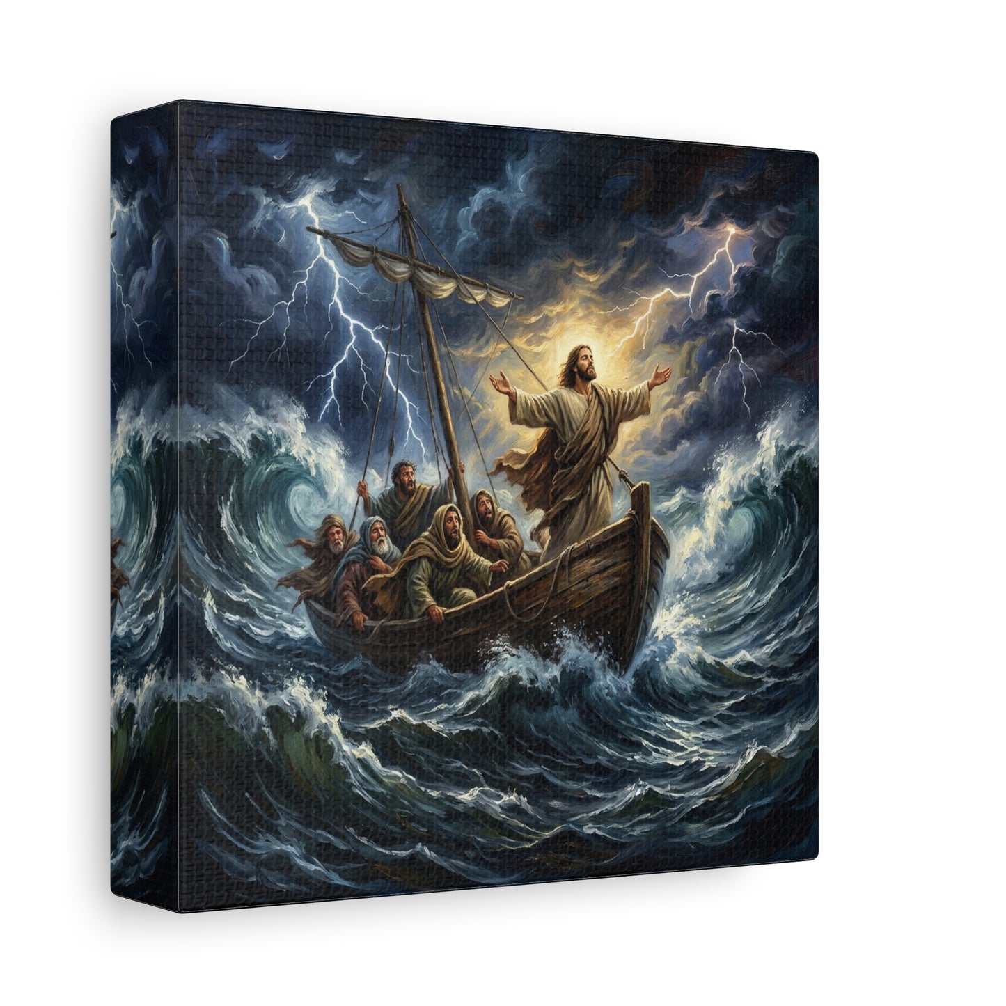 Jesus Calming The Storm Canvas Wall Art - Bible Boat Sea Scene, Dramatic Lightning Waves - Cotton Matte Print - Traditional Religious Decor For Living Room Office Bedroom - Living Room Wall Decor
