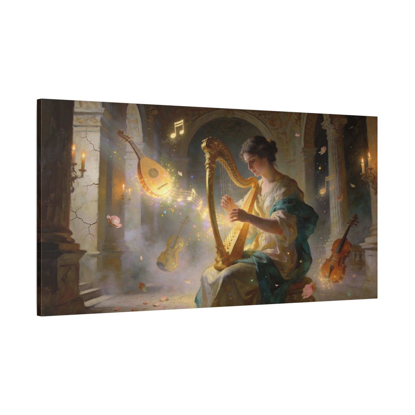 Woman Playing Harp Canvas Wall Art - Romantic Music Painting, Glowing Notes, Violin And Lute - Matte Cotton Print - Traditional Style, Living Room Wall Decor, Bedroom Accent - Bedroom Home Decoration