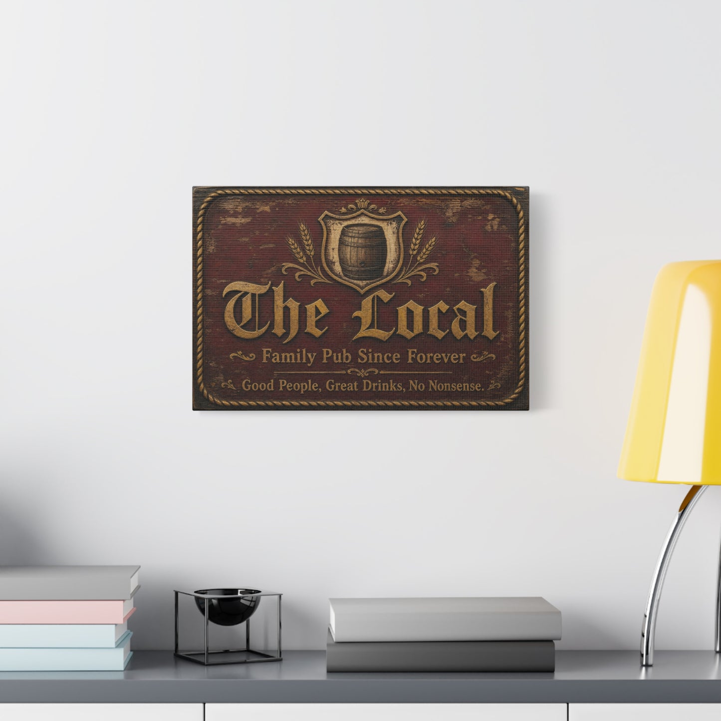 "The Local" Vintage Pub Canvas Wall Art - Rustic Tavern Sign, Barrel Crest Typography - Distressed Wood Look, Traditional Style - Bar Room Decor, Man Cave Accent, Restaurant Wall Hanging