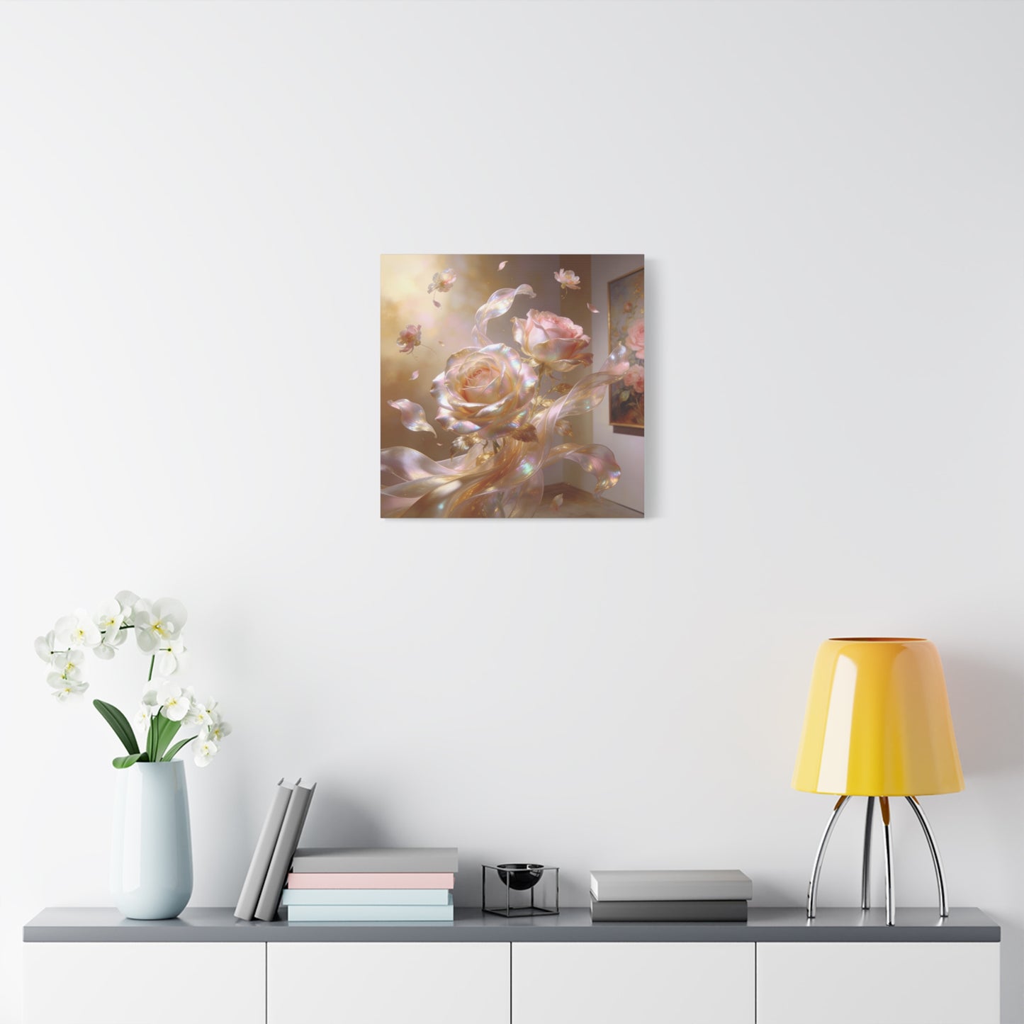 Iridescent Pink Rose Canvas Wall Art - Pearlescent Floral Wall Decor, Dreamy Botanical Home Decoration - Luminous Matte Canvas Print - Romantic Contemporary Style, Bedroom Accent - Ready to Hang