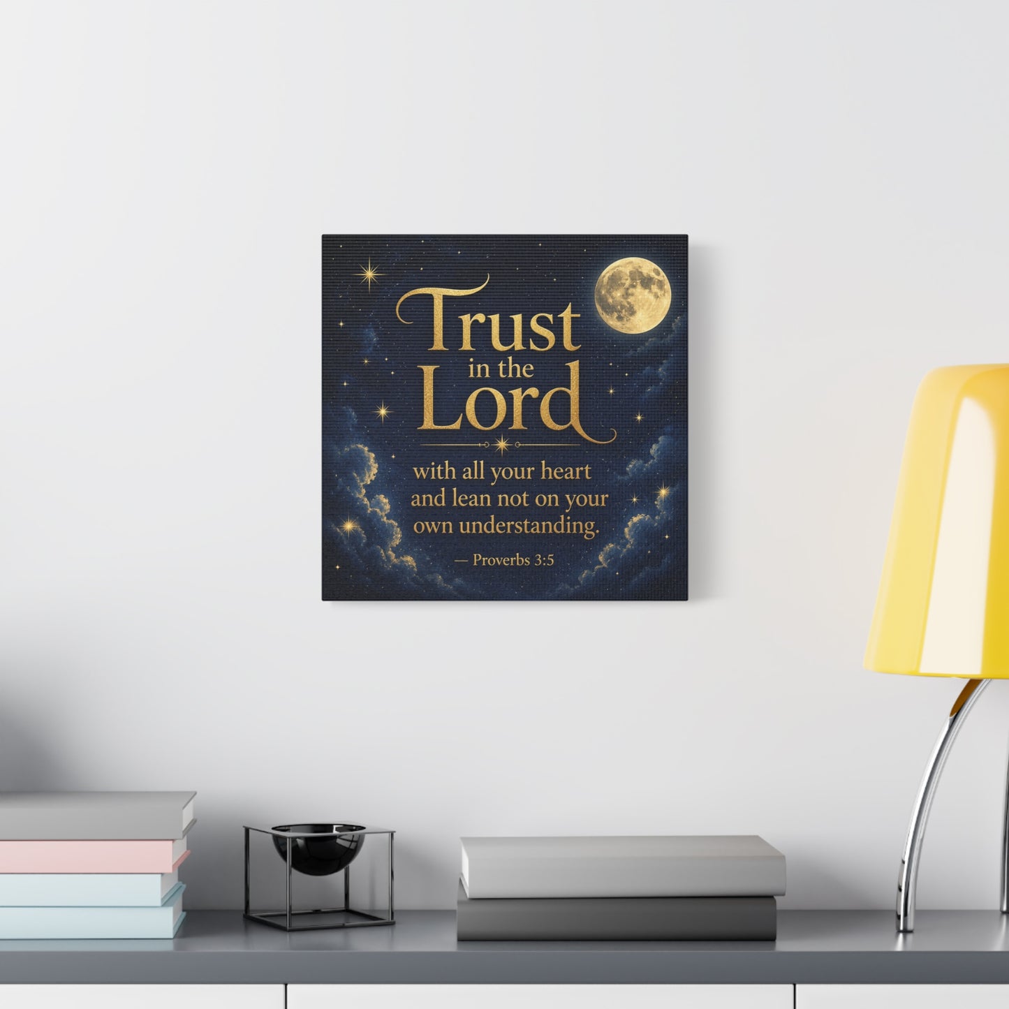 "Trust In The Lord" Bible Verse Canvas Wall Art - Moonlit Scripture Quote, Gold Typography, Christian Wall Decor - Traditional Night Sky Design - Bedroom Living Room Decoration - Ready to Hang