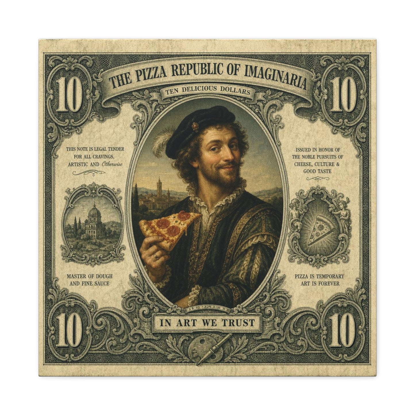 "The Pizza Republic Of Imaginaria" Canvas Wall Art - Vintage Typography Portrait Print, Renaissance Pizza Note Design, Eclectic Office Wall Decor, Cafe Wall Art, Humor Canvas - Reception Area Decor