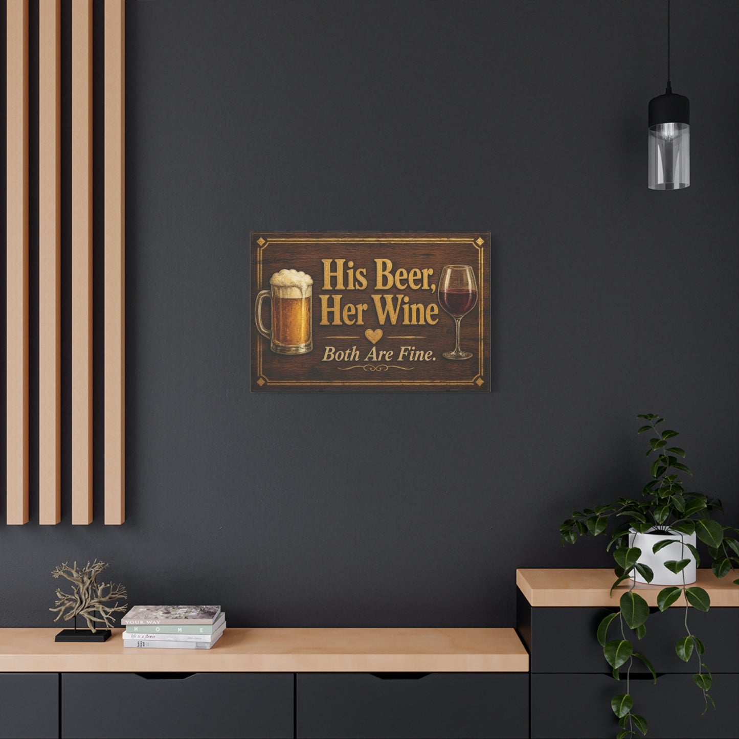 "His Beer, Her Wine Both Are Fine." Canvas Wall Art - Rustic Bar Sign, Beer Mug And Red Wine Glass Quote Print - Vintage Brown Wood Look Typography - Pub Wall Art - Cocktail Lounge Decor