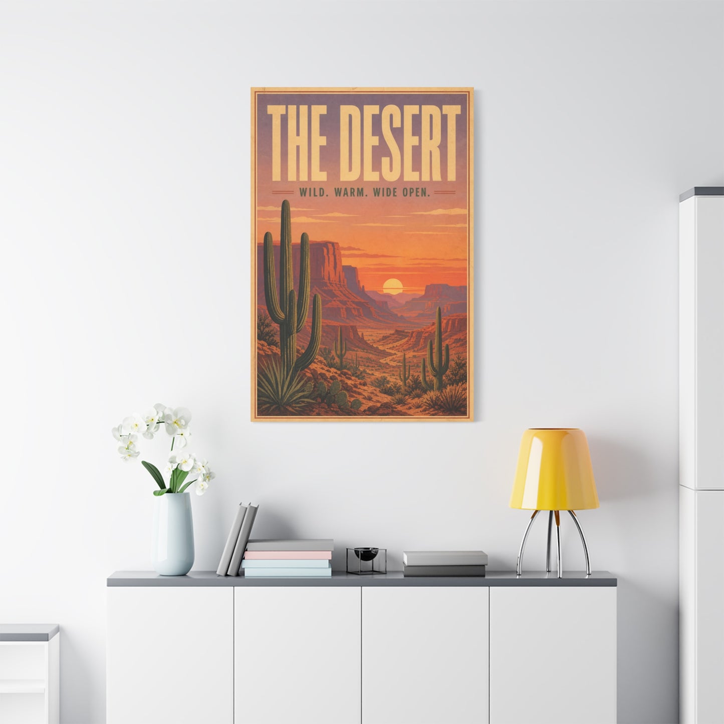 "The Desert" Wild. Warm. Wide Open. Desert Canvas Wall Art - Vintage Saguaro Sunset Canyon Landscape Print - Southwestern Wall Decor - Living Room Home Decoration, Office Accent - Ready to Hang