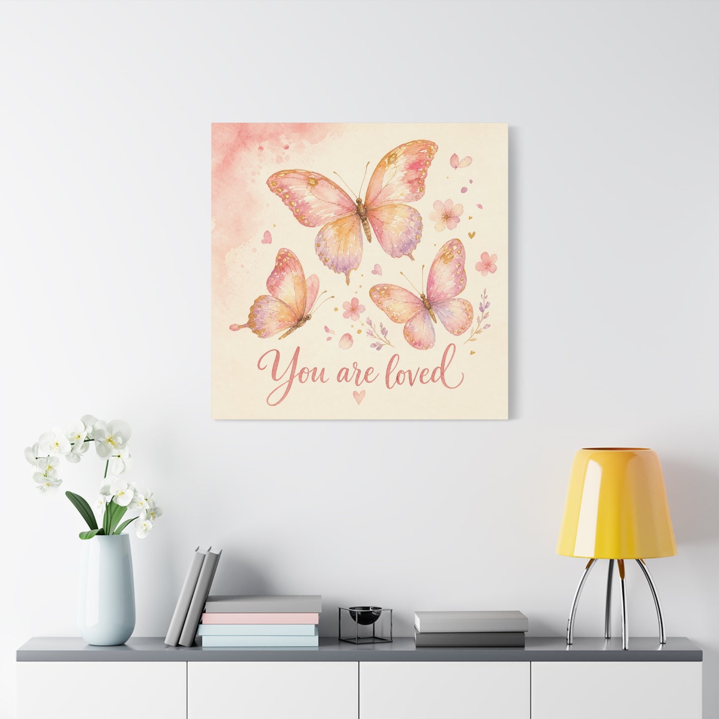 "You Are Loved" Butterfly Canvas Wall Art - Pink Watercolor Butterflies, Inspirational Nursery Decor - Soft Pastel Floral Home Decoration - Bedroom Wall Hanging, Baby Girl Room Accent - Ready to Hang