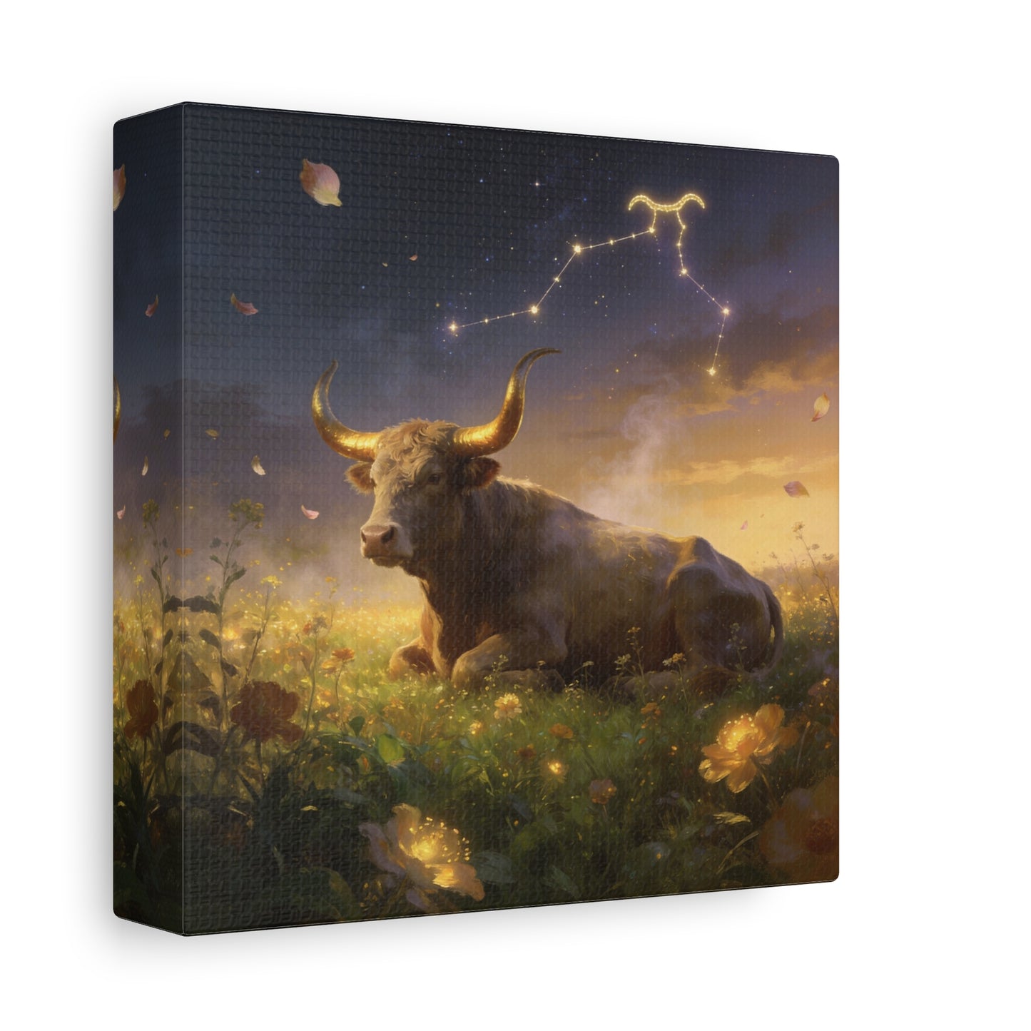 Taurus Zodiac Bull Canvas Wall Art - Celestial Constellation Night Meadow, Golden Horns, Dreamy Illustration - Matte Cotton Print - Bedroom Home Decoration, Office Wall Decor - Bedroom Home Decoration