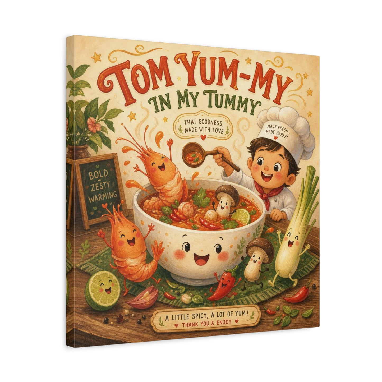 "Tom Yum-My In My Tummy" Canvas Wall Art - Cute Thai Soup Chef Illustration, Whimsical Kitchen Decor - Matte Cotton Canvas Print - Vintage Style Dining Room Wall Decor - Bedroom Home Decoration