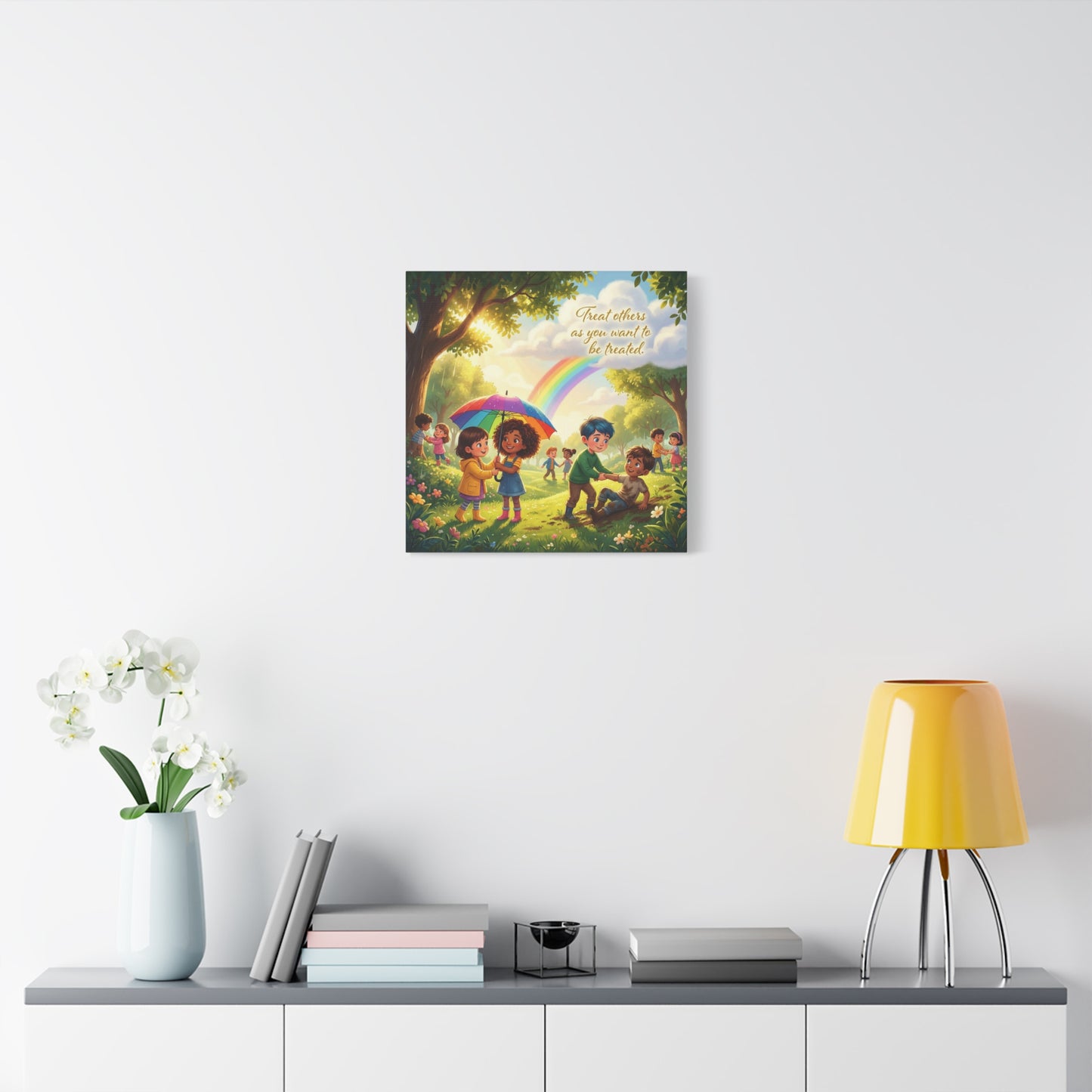 "Treat Others As You Want To Be Treated" Kids Canvas Wall Art - Rainbow Kindness Quote, Children Helping In Sunny Park - Matte Cotton Print - Playroom Classroom Decor, Nursery Wall Hanging