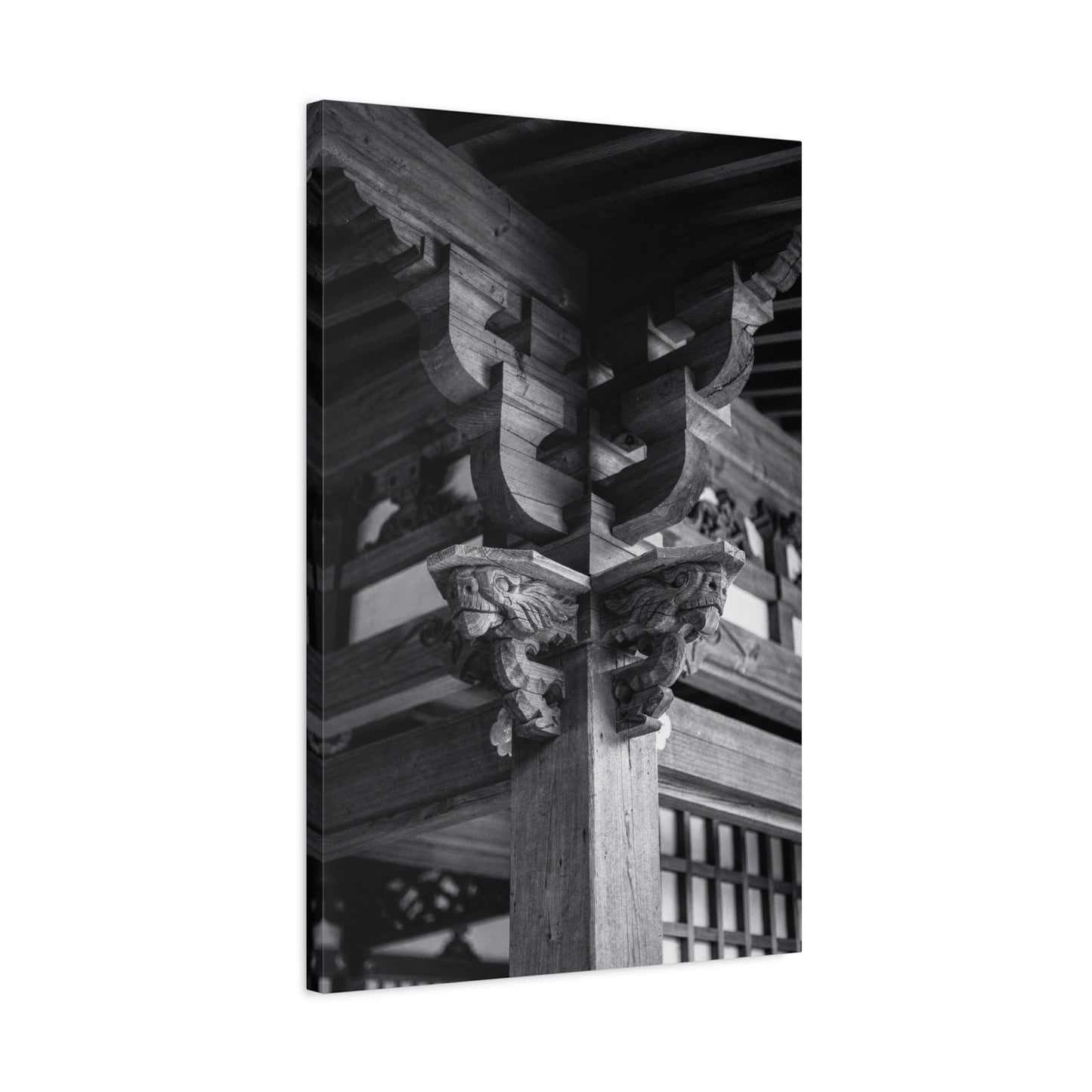 Japanese Temple Architecture Canvas Wall Art - Black And White Wooden Carved Bracket Art Print - Traditional Zen Style - Living Room Wall Decor, Bedroom Home Decoration - Bedroom Home Decoration