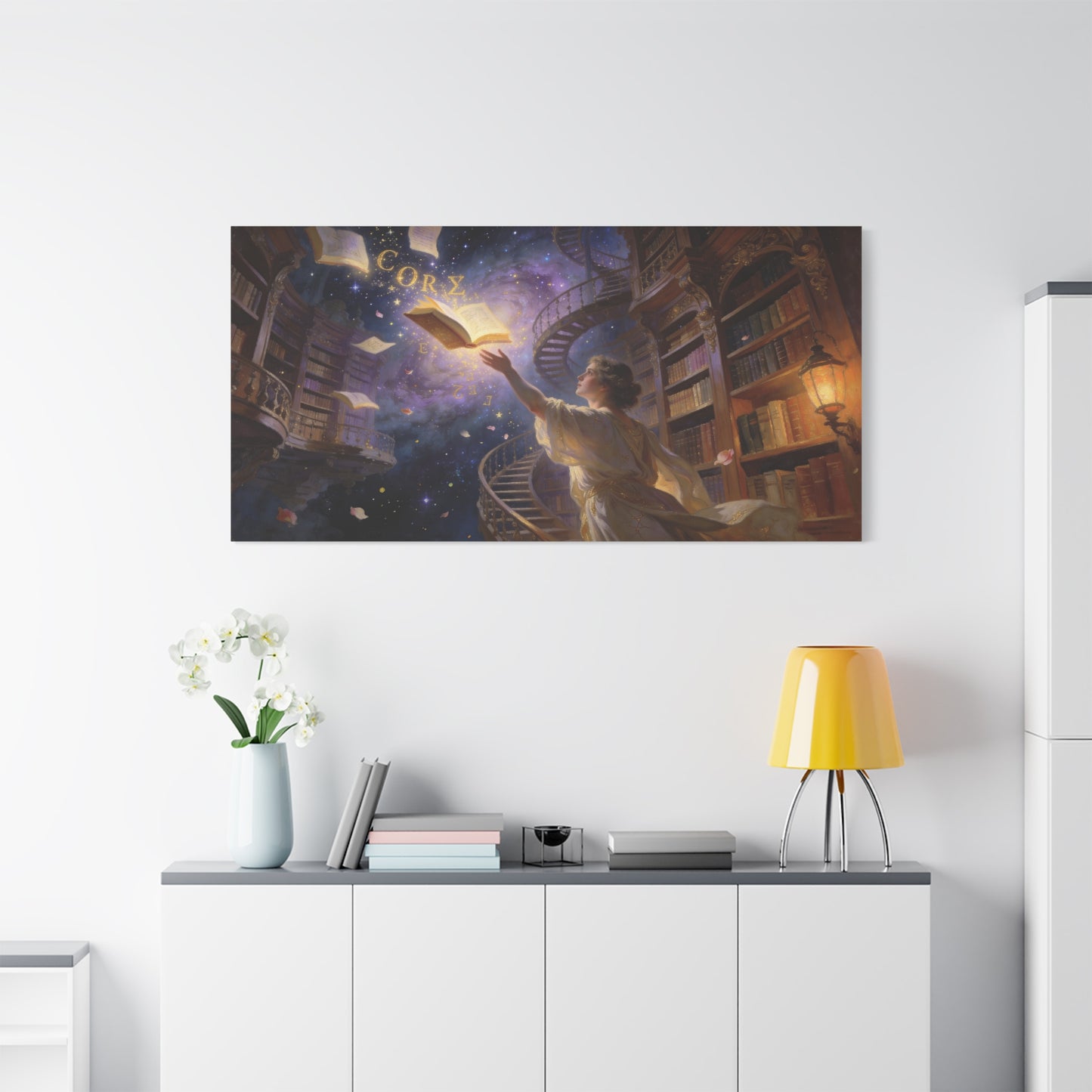 "CORZ" Fantasy Library Canvas Wall Art - Woman Reaching For Floating Book, Celestial Bookshelves, Spiral Staircase - Matte Cotton Print - Surreal Reading Room Decor, Office Art - Workspace Wall Decor