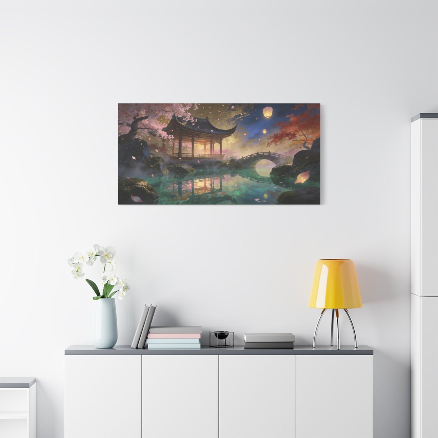 Japanese Garden Pavilion Canvas Wall Art - Cherry Blossom Pond, Lantern Night, Arched Bridge - Serene Traditional Landscape - Living Room Wall Decor, Bedroom Home Decoration - Bedroom Home Decoration
