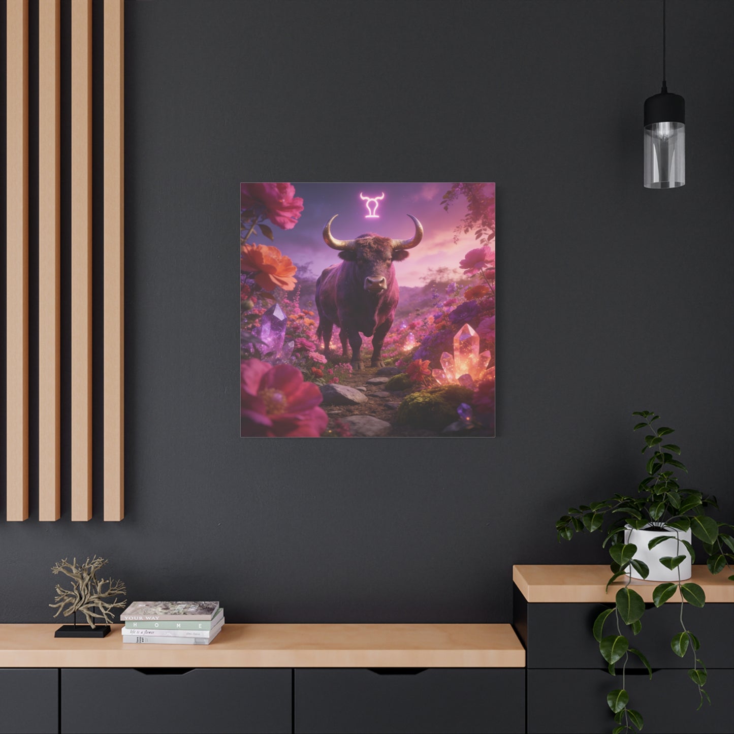 Taurus Zodiac Bull Canvas Wall Art - Neon Taurus Symbol, Floral Crystal Fantasy Print - Dreamy Purple Pink Celestial Decor - Bedroom Home Decoration, Bohemian Living Room Accent - Office Wall Art