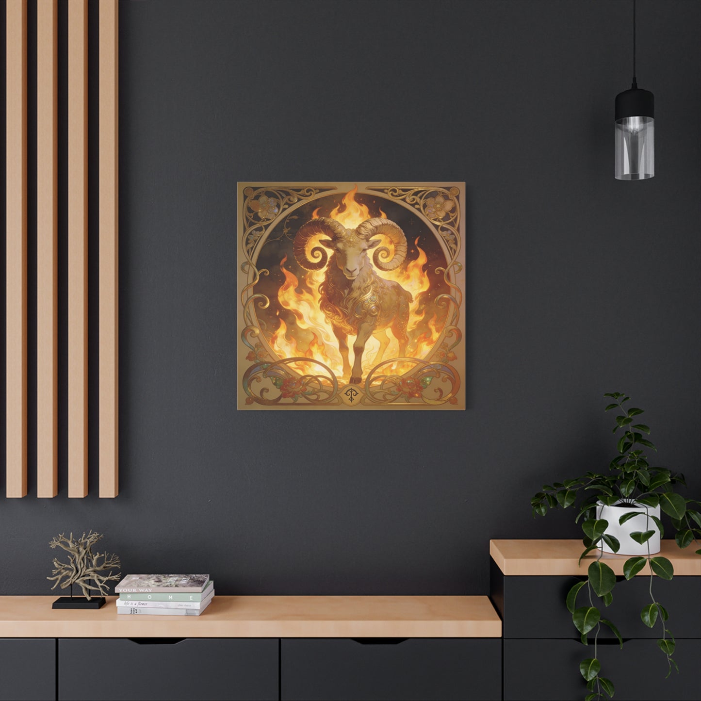 Aries Ram Canvas Wall Art - Fiery Zodiac Illustration, Ornate Gold Nouveau Design - Matte Cotton Art Print - Bohemian Astrology Decor, Bedroom Home Decoration, Office Wall Art - Modern Farmhouse Style