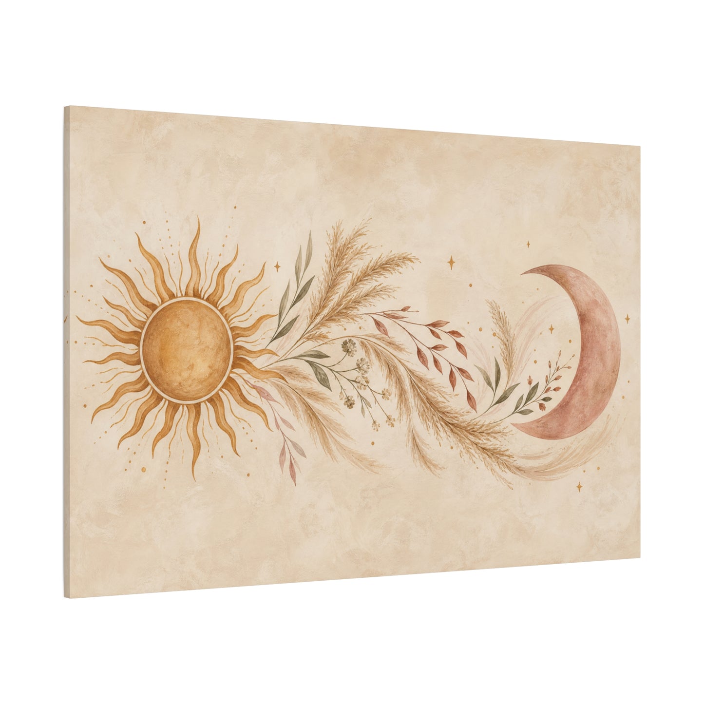 Boho Sun And Moon Canvas Wall Art - Celestial Botanical Pampas Grass Print - Neutral Beige Terracotta Modern Bohemian Decor - Bedroom Living Room Wall Decor - Meditation Space Accent - Ready to Hang
