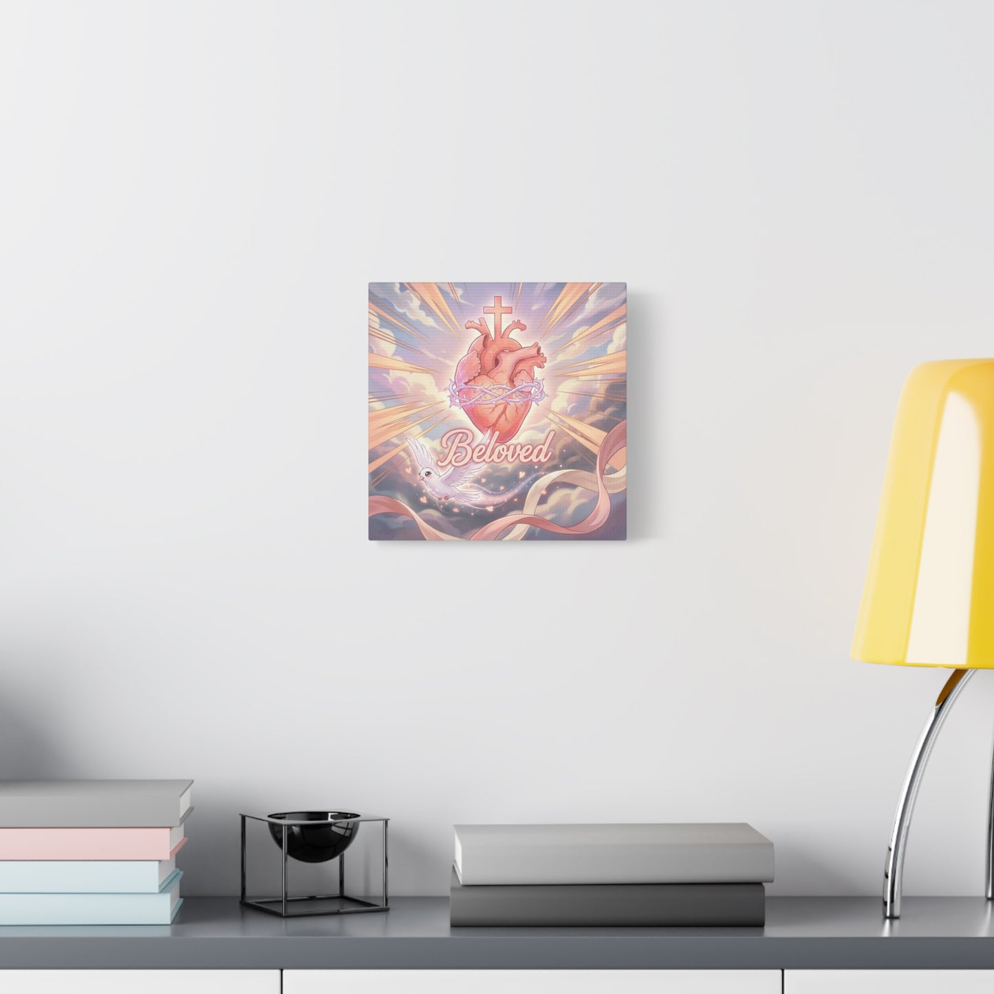 "Beloved" Sacred Heart Canvas Wall Art - Cross, Dove, Crown Of Thorns Christian Decor - Pink Pastel Religious Print - Inspirational Bedroom Home Decoration, Living Room Wall Decor - Ready to Hang