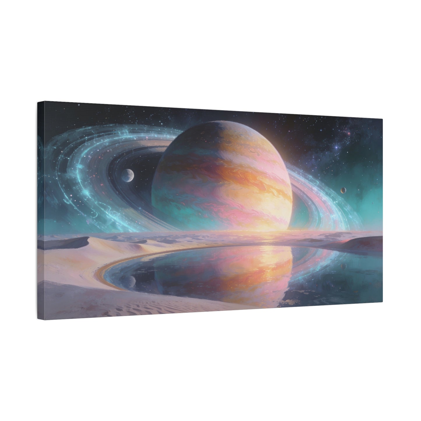Ringed Planet Canvas Wall Art - Pastel Space Landscape, Celestial Desert Lake Reflection - Contemporary Surreal Canvas Print - Living Room Wall Decor, Bedroom Home Decoration - Bedroom Home Decoration