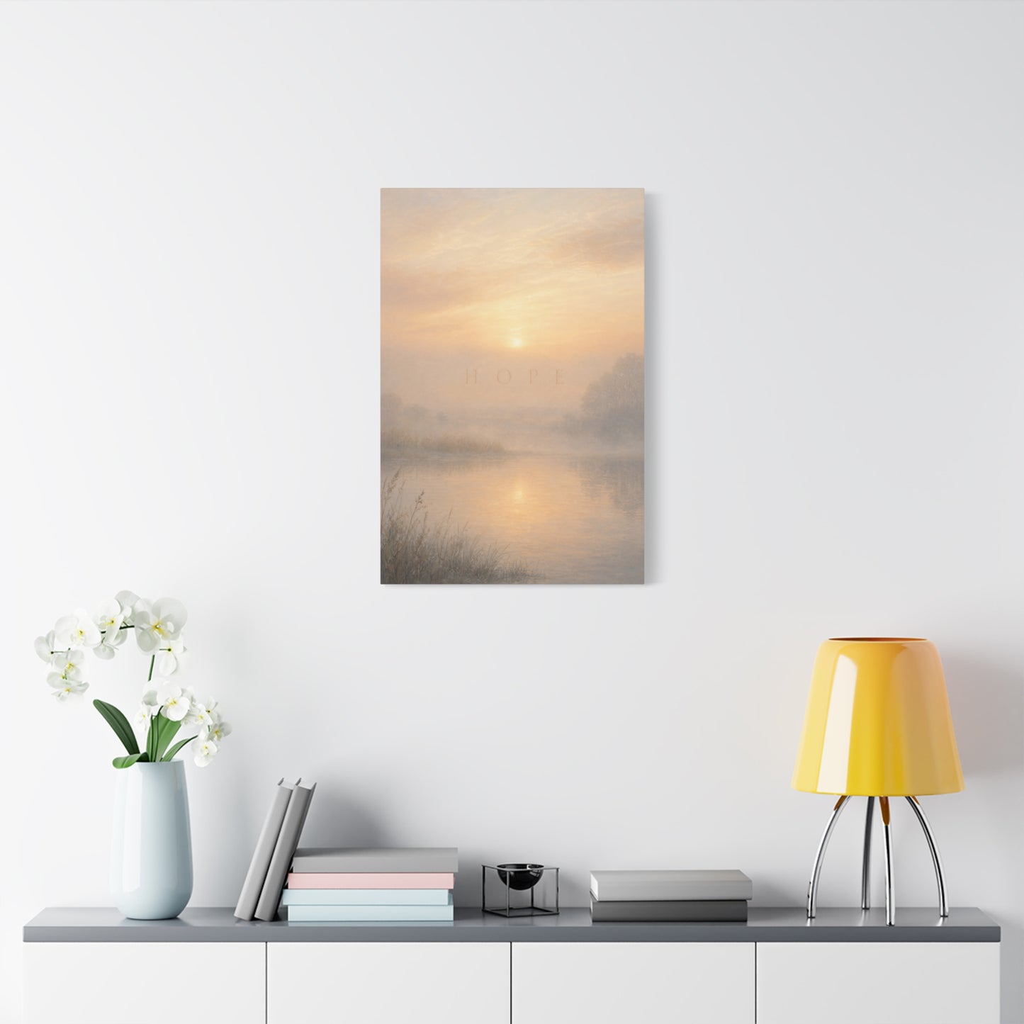 "Hope" Misty Sunrise Lake Canvas Wall Art - Serene Landscape Print, Inspirational Bedroom Wall Decor, Soft Neutral Home Decoration, Contemporary Meditation Space Accent - Bedroom Home Decoration