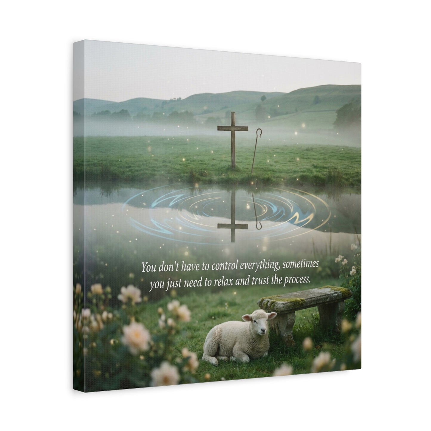 "You Don’t Have To Control Everything, Sometimes You Just Need To Relax And Trust The Process" Canvas Wall Art - Christian Cross, Lamb Meadow Scene - Inspirational Farmhouse Decor - Office Wall Art